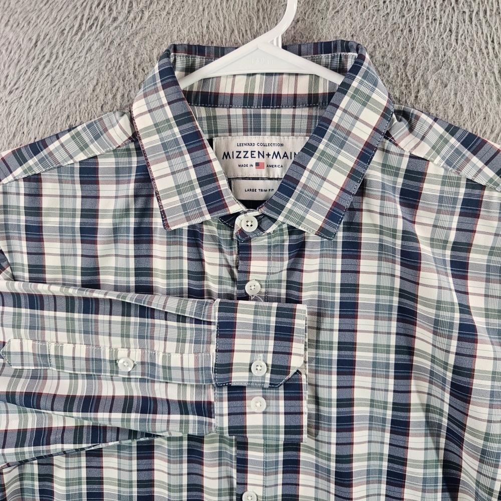 Mizzen+Main Leeward Dress Shirt Mens Large Trim Fit Plaid Performance Blue Green